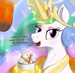 Size: 2520x2480 | Tagged: safe, artist:eels, princess celestia, alicorn, pony, g4, autumn, bronybait, coffee, crown, drink, drinking straw, female, food, implied anon, jewelry, latte, looking at you, magic, mare, offscreen character, peytral, pov, pumpkin spice latte, regalia, solo, talking to viewer, telekinesis, whipped cream