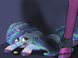 Size: 1178x883 | Tagged: safe, artist:addelum, misty brightdawn, opaline arcana, alicorn, pony, unicorn, g5, abuse, bruised, crying, duo, duo female, female, horn, jewelry, mare, medallion, mistybuse, necklace, offscreen character, opabitch, sad, teary eyes