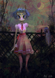 Size: 2480x3508 | Tagged: safe, artist:wolfiedrawie, coco pommel, earth pony, anthro, g4, atg 2018, female, garden, haircut, moon, newbie artist training grounds, night, scissors, solo, standing