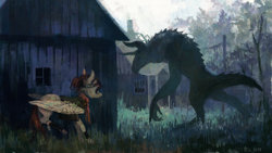 Size: 3840x2160 | Tagged: safe, artist:wolfiedrawie, oc, oc only, oc:drew, deathclaw, pegasus, pony, fallout equestria, blood, clothes, duo, fallout, fallout 4, fallout 4: far harbor, female, hiding, house, mare, monster, outdoors, scratches