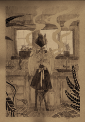 Size: 1723x2460 | Tagged: safe, artist:wolfiedrawie, oc, oc only, oc:drew, pegasus, anthro, unguligrade anthro, cooking, female, indoors, inktober, inktober 2018, kitchen, monochrome, rear view, solo, steam, traditional art, window, wings