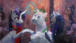 Size: 1920x1080 | Tagged: safe, artist:wolfiedrawie, oc, oc only, oc:cosmia nebula, oc:lurid shadow, pony, unicorn, carrot, clothes, food, horn, scarf, snow, snowmare, snowpony, winter