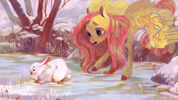 Size: 3840x2160 | Tagged: safe, artist:wolfiedrawie, angel bunny, fluttershy, pegasus, pony, rabbit, g4, animal, duo, eyelashes, female, help, ice, lake, looking at something, mare, open mouth, rescue, snow, spread wings, teary eyes, tree, unshorn fetlocks, water, wings, winter, worried