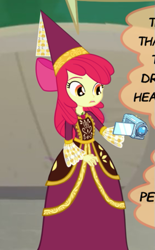 Size: 371x599 | Tagged: safe, artist:ponymaan, apple bloom, human, equestria girls, for whom the sweetie belle toils, g4, apple bloom's bow, bow, camera, clothes, costume, dress, gown, hair bow, hat, hennin, humanized, jewelry, necklace, princess, princess apple bloom