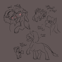 Size: 3000x3000 | Tagged: safe, artist:shamy-crist, oc, oc only, earth pony, pegasus, female, filly, foal, kissing, male, mare, monochrome, stallion