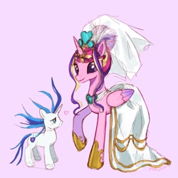 Size: 2048x2048 | Tagged: safe, artist:peachycocoa, princess cadance, shining armor, alicorn, pony, unicorn, g4, clothes, dress, duo, female, horn, male, meme, pink background, ship:shiningcadance, shipping, simple background, size difference, straight, the bride and the ugly ass groom, wedding dress