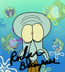 Size: 3023x3351 | Tagged: safe, artist:professorventurer, oc, oc only, oc:bikini breeze, autograph, gradient background, spongebob squarepants, spongebob squarepants (character), squidward tentacles