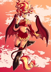 Size: 1463x2048 | Tagged: safe, artist:reesirie, sunset shimmer, demon, equestria girls, g4, belly, belly button, choker, fangs, female, midriff, partially open wings, solo, sunset satan, tail, wings