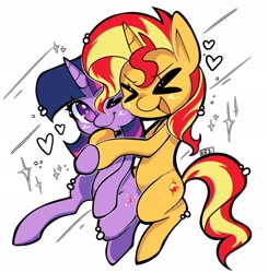 Size: 2010x2048 | Tagged: safe, artist:parappaya, sunset shimmer, twilight sparkle, pony, unicorn, g4, duo, duo female, eyes closed, female, horn, lesbian, open mouth, ship:sunsetsparkle, shipping, simple background, white background