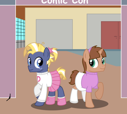 Size: 5000x4500 | Tagged: safe, artist:peternators, star tracker, oc, oc:heroic armour, earth pony, pony, unicorn, g4, alternate hairstyle, boots, clothes, colt, convention, cosplay, costume, crossdressing, crossplay, duo, foal, freckles, horn, looking at each other, looking at someone, male, ponytail, shirt, shoes, skirt, smiling, starcrossed, sweater, teenager, the fairly oddparents, trixie tang, veronica star