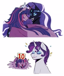 Size: 2200x2600 | Tagged: safe, artist:slapearl, nightmare rarity, rarity, twilight sparkle, alicorn, pony, g4, 10, eyes closed, female, holding, lesbian, lips, looking at each other, looking at someone, mare, open mouth, open smile, ship:rarilight, shipping, sign, smiling, twilight sparkle (alicorn)