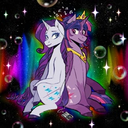 Size: 1400x1400 | Tagged: safe, artist:slapearl, rarity, twilight sparkle, alicorn, pony, g4, abstract background, alternate cutie mark, bubble, duo, duo female, female, itunes, lesbian, lips, mare, ship:rarilight, shipping, smiling, twilight sparkle (alicorn)