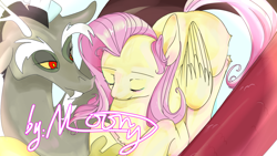 Size: 1920x1080 | Tagged: safe, artist:ninnn263, discord, fluttershy, draconequus, pegasus, pony, g4, colored sclera, eyes closed, female, looking at someone, male, mare, red eyes, ship:discoshy, shipping, straight, yellow sclera