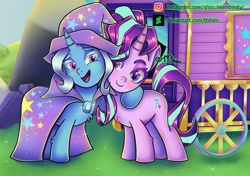 Size: 1600x1127 | Tagged: safe, artist:ttshiro, starlight glimmer, trixie, pony, g4, antagonist, duo, duo female, female, lesbian, outdoors, redemption, ship:startrix, shipping, trixie's wagon, wagon