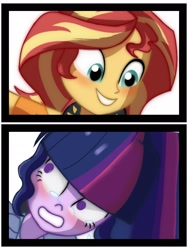 Size: 1536x2048 | Tagged: safe, artist:maximil66748460, sunset shimmer, twilight sparkle, equestria girls, g4, blushing, commission, duo, female, grin, smiling