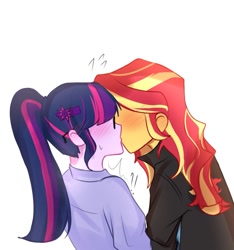 Size: 1287x1373 | Tagged: safe, artist:eddin_sciset, sci-twi, sunset shimmer, twilight sparkle, equestria girls, g4, blushing, duo, duo female, female, hidden eyes, kissing, lesbian, ship:sci-twishimmer, ship:sunsetsparkle, shipping, simple background, white background