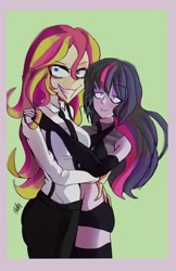 Size: 1328x2048 | Tagged: safe, artist:lux_zeppeli, sunset shimmer, twilight sparkle, equestria girls, g4, duo, duo female, female, grin, lesbian, ship:sunsetsparkle, shipping, smiling