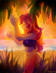 Size: 1645x2160 | Tagged: safe, artist:felixighter, sunset shimmer, human, equestria girls, g4, beach, clothes, dancing, eyes closed, female, open mouth, outdoors, palm tree, sarong, smiling, solo, sunset, sunset shimmer's beach shorts swimsuit, swimsuit, tree