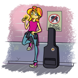 Size: 1440x1440 | Tagged: safe, artist:mafon, sunset shimmer, human, rainbow rocks 10th anniversary, equestria girls, g4, female, guitar, guitar case, lightbulb, loitering, musical instrument, solo