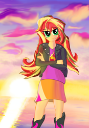 Size: 4322x6220 | Tagged: safe, artist:pawersmile, sunset shimmer, human, equestria girls, g4, boots, clothes, cloud, crossed arms, evening, female, jacket, ocean, outdoors, shoes, skirt, solo, standing, sunset, water