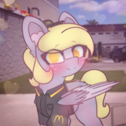 Size: 2664x2664 | Tagged: safe, artist:sodapop sprays, derpy hooves, pegasus, pony, series:derpy can't catch a break, g4, blushing, clothes, ear fluff, eye clipping through hair, female, freckles, irl background, looking at you, mare, mcdonald's, outdoors, solo, uniform