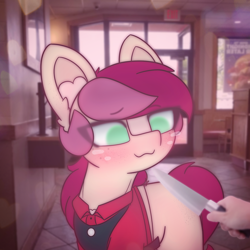 Size: 2664x2664 | Tagged: safe, artist:sodapop sprays, roseluck, earth pony, pony, series:roseluck can't catch a break, g4, blushing, clothes, eye clipping through hair, female, indoors, knife, knife cat, mare, meme, ponified meme, solo, uniform, wendy's