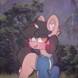 Size: 2664x2664 | Tagged: safe, artist:sodapop sprays, oc, oc only, oc:lolanakiana, earth pony, pony, fallout equestria, blushing, clothes, ear fluff, fallout, hawaii, jumpsuit, looking at you, outdoors, uniform, vault suit