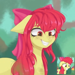 Size: 2048x2048 | Tagged: safe, artist:engelsschwarz, apple bloom, earth pony, pony, g4, growing up is hard to do, dirty, fangs, female, floppy ears, forest, grin, mare, messy mane, nature, older, older apple bloom, scene interpretation, smiling, solo, tree