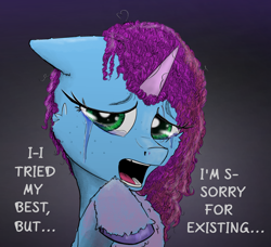 Size: 1850x1689 | Tagged: safe, artist:chopsticks, misty brightdawn, pony, unicorn, g5, bahia watson, bust, cheek fluff, chest fluff, chipped tooth, crying, cute, dark background, description is relevant, dialogue, ear fluff, end of g5, female, floppy ears, freckles, g5 drama, gradient background, horn, mare, mistybetes, open mouth, raised hoof, sad, solo, stray strand, stuttering, talking to viewer, teary eyes, text, unshorn fetlocks