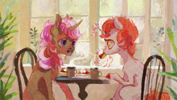 Size: 3840x2160 | Tagged: safe, artist:wolfiedrawie, oc, oc only, pony, unicorn, cafe, cup, curved horn, duo, eating, food, horn, mug, pastry