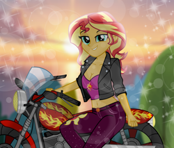 Size: 2000x1703 | Tagged: safe, artist:emeraldblast63, sunset shimmer, human, equestria girls, g4, bedroom eyes, breasts, busty sunset shimmer, cleavage, grin, lens flare, looking at you, motorcycle, smiling, solo, stupid sexy sunset shimmer