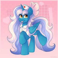 Size: 3000x3000 | Tagged: safe, artist:madelinne, oc, oc only, alicorn, :p, alicorn oc, bow, female, gradient background, horn, long hair, mare, nurse, solo, tongue out, wings