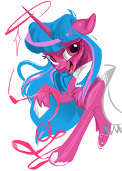 Size: 780x1092 | Tagged: safe, artist:beherelongtime, oc, oc only, oc:echoshade, pony, unicorn, fanfic:song of seven, blue mane, clothes, hooves, horn, magic, pink coat, pink eyes, raised hoof, scarf, simple background, solo, two toned mane, unicorn oc, white background, white hooves