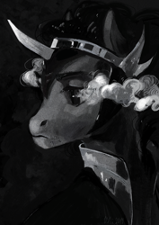 Size: 3508x4961 | Tagged: safe, artist:wolfiedrawie, king sombra, pony, umbrum, unicorn, g4, bust, curved horn, glowing, glowing eyes, grayscale, horn, male, monochrome, portrait, solo, stallion