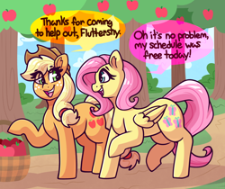 Size: 2500x2095 | Tagged: safe, artist:graphenescloset, applejack, fluttershy, earth pony, pegasus, pony, series:fattybatty, g4, apple, apple tree, dialogue, duo, duo female, female, food, incentive drive, outdoors, speech bubble, this will end in weight gain, tree, weight gain sequence