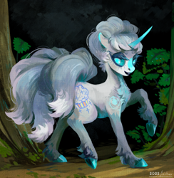 Size: 1890x1937 | Tagged: safe, artist:wolfiedrawie, oc, oc only, alolan vulpix, fox, hybrid, pony, unicorn, vulpix, alolan form, chest fluff, female, fetlock tuft, horn, multiple tails, outdoors, pokémon, solo, tail