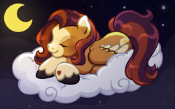 Size: 2400x1500 | Tagged: safe, artist:sparkytopia, oc, oc only, oc:october moon, pegasus, pony, g3, colored hooves, colored wings, eyes closed, facial markings, g3 oc, hoof fluff, hooves, nonbinary, orange coat, sleeping, solo, unshorn fetlocks, wings, ych result