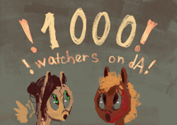 Size: 2912x2059 | Tagged: safe, artist:wolfiedrawie, oc, oc only, oc:chica, oc:drew, earth pony, pegasus, pony, bust, deviantart, duo, female, mare, milestone, open mouth, shocked, watchers