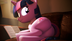 Size: 1280x720 | Tagged: safe, artist:extrachunkthis, twilight sparkle, pony, unicorn, g4, 3d, book, butt, dock, featureless crotch, female, glasses, horn, indoors, looking back, lying down, on side, plot, reading, solo, source filmmaker, tail, twibutt, unicorn twilight