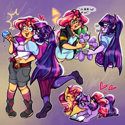 Size: 1280x1280 | Tagged: safe, artist:opalwasnthere, sci-twi, spike, sunset shimmer, twilight sparkle, human, pony, unicorn, equestria girls, g4, cute, duo, female, gradient background, horn, lesbian, plushie, shimmerbetes, ship:sci-twishimmer, ship:sunsetsparkle, shipping, spikabetes, spike plushie, trio, twiabetes