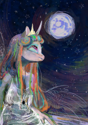 Size: 2059x2912 | Tagged: safe, artist:wolfiedrawie, princess celestia, alicorn, anthro, g4, female, full moon, lonely, looking up, mare in the moon, moon, regret, sitting, solo