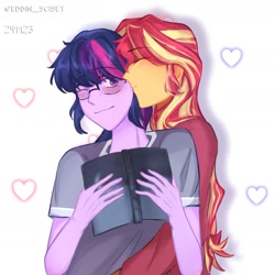 Size: 1530x1532 | Tagged: safe, artist:eddin_sciset, sci-twi, sunset shimmer, twilight sparkle, equestria girls, g4, duo, duo female, female, kissing, lesbian, ship:sci-twishimmer, ship:sunsetsparkle, shipping, simple background, white background