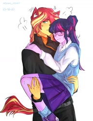 Size: 1242x1618 | Tagged: safe, artist:eddin_sciset, sci-twi, sunset shimmer, twilight sparkle, human, equestria girls, g4, carrying, cat ears, catgirl, duo, duo female, female, lesbian, nyanset shimmer, ship:sci-twishimmer, ship:sunsetsparkle, shipping, simple background, tail, white background