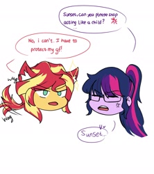 Size: 1968x2214 | Tagged: safe, artist:eddin_sciset, sci-twi, sunset shimmer, twilight sparkle, human, equestria girls, g4, cat ears, catgirl, chibi, cross-popping veins, duo, duo female, emanata, female, lesbian, nyanset shimmer, ship:sci-twishimmer, ship:sunsetsparkle, shipping, simple background, tail, tail wag, white background