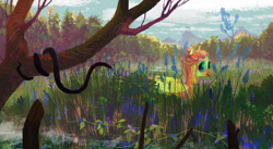 Size: 3306x1814 | Tagged: safe, artist:wolfiedrawie, fluttershy, pegasus, pony, snake, g4, alternate hairstyle, cattails, female, folded wings, looking at something, looking sideways, mare, marsh, outdoors, reeds, scenery, smiling, solo, swamp, tree, water, wings