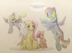 Size: 1200x879 | Tagged: safe, artist:wolfiedrawie, derpy hooves, fluttershy, rainbow dash, scootaloo, pegasus, pony, g4, butt, czech, female, filly, foal, mare, plot, rainbutt dash, scootaloo can't fly, translated in the description