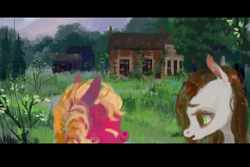 Size: 2000x1339 | Tagged: safe, artist:wolfiedrawie, oc, oc only, oc:chica, oc:drew, earth pony, pegasus, pony, atg 2017, duo, female, house, mare, newbie artist training grounds, scenery