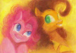 Size: 2926x2050 | Tagged: safe, artist:wolfiedrawie, cheese sandwich, pinkie pie, earth pony, pony, g4, duo, female, happy, looking at each other, looking at someone, male, mare, smiling, stallion, traditional art