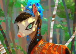 Size: 2912x2059 | Tagged: safe, artist:wolfiedrawie, oc, oc only, earth pony, pony, clothes, female, forest, looking at you, mare, nature, solo, tree