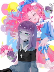 Size: 1620x2160 | Tagged: safe, artist:boheweidecaihong, maud pie, pinkie pie, human, equestria girls, g4, abstract background, bowtie, chibi, clothes, cross, cross necklace, eyes closed, female, heart, jacket, jewelry, necklace, necktie, shirt, siblings, sisters, sitting, skirt, standing, sweater